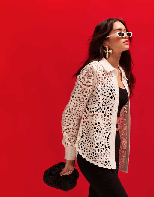 & Other Stories - Camicia in maglia all'uncinetto in misto lana e cotone bianca