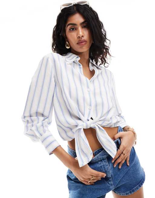 & Other Stories - Camicia misto lino blu e bianca a righe annodata sul davanti 
