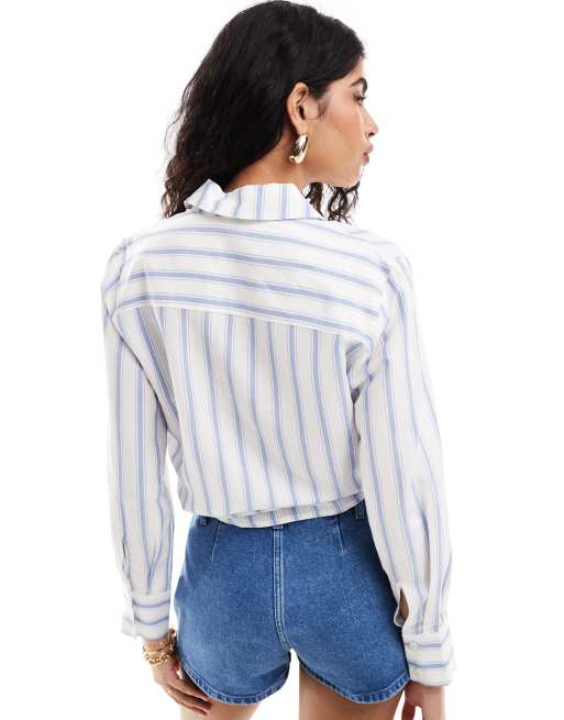 Other Stories Camicia misto lino blu e bianca a righe annodata sul davanti ASOS