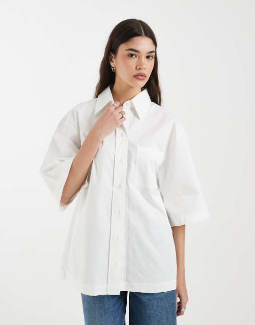 & Other Stories - Camicia oversize a maniche corte in puro cotone bianca con tasche sul davanti