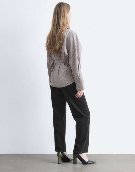 & Other Stories - camisa con cintura entallada y sobrefalda de raya diplomática gris, 3 de 4