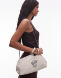 [Other Stories] & Other Stories canvas clutch with silver brooch leaf and removable silver strap in dark beige-Neutral No Size Dark Beige