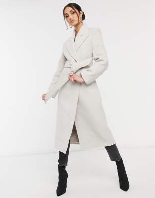 & Other Stories - Cappotto lungo con spalline imbottite in lana beige con cintura - BEIGE