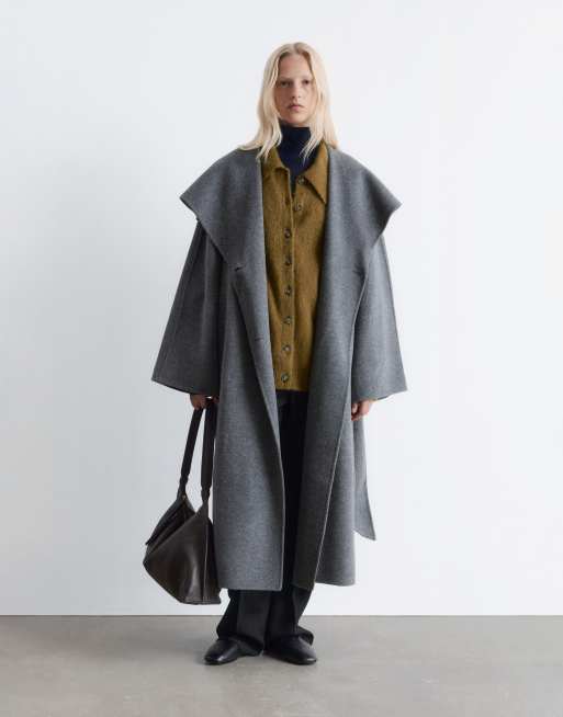 & Other Stories - Cappotto lungo in lana con cintura e collo a imbuto grigio, 2 di 4