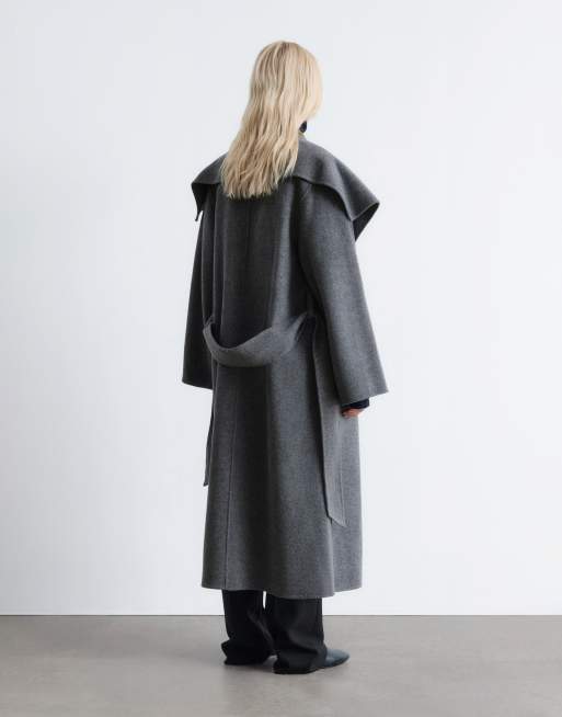 & Other Stories - Cappotto lungo in lana con cintura e collo a imbuto grigio, 3 di 4