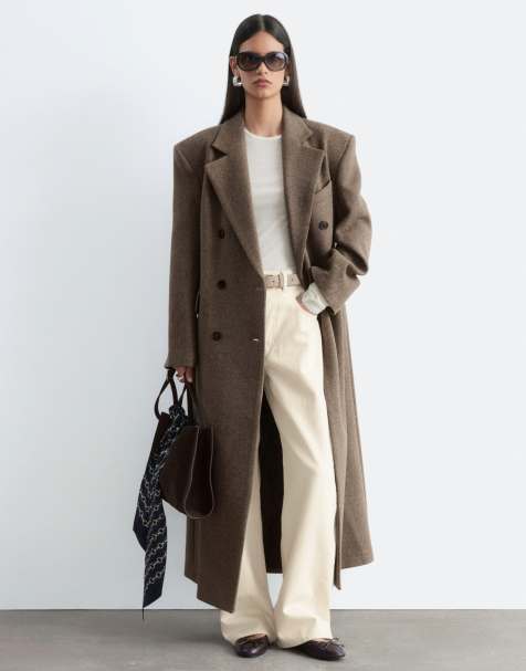 & Other Stories cappotto lungo in lana doppiopetto con spalle strutturate, a pied de poule beige - view 1