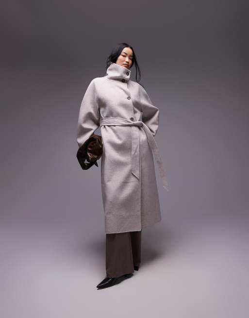 & Other Stories - Cappotto lungo in misto lana color talpa con collo a imbuto alto, maniche strutturate e cintura