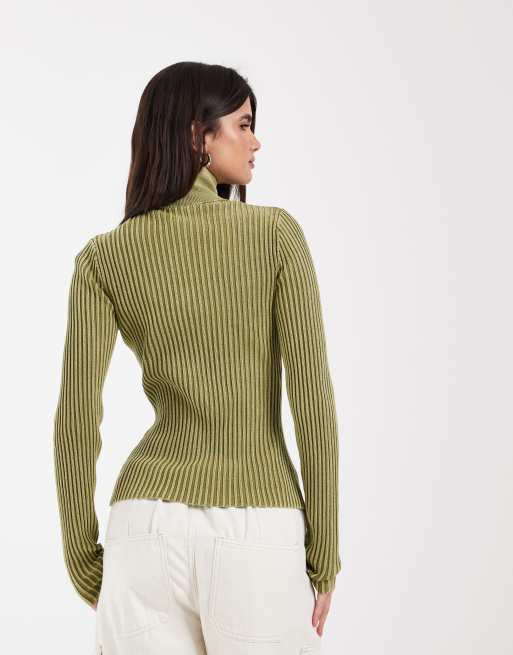 & Other Stories cardigan a coste con chiusura con zip e collo alto in verde oliva, 3 di 4