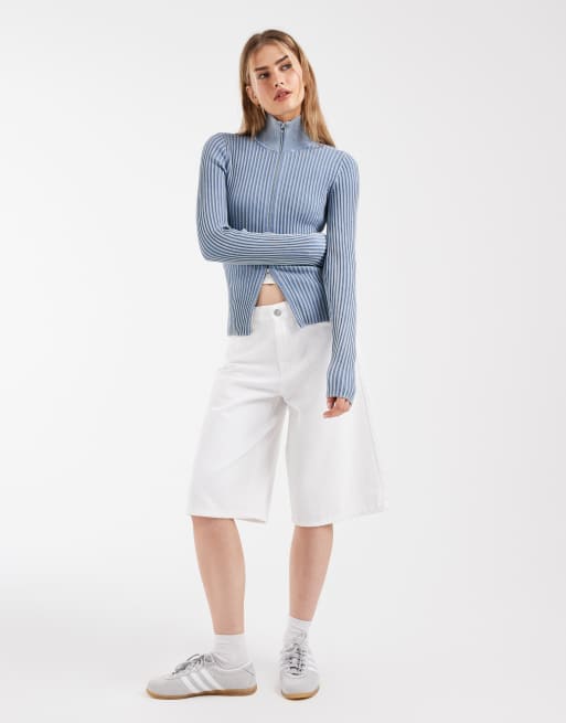& Other Stories - Cardigan a coste con collo a imbuto e zip blu lavaggio acido, 2 di 4
