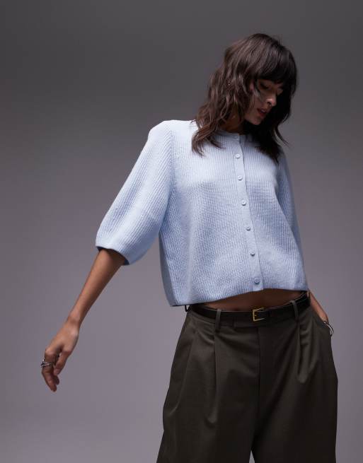& Other Stories - Cardigan a maniche corte in maglia di lana color azzurro a coste