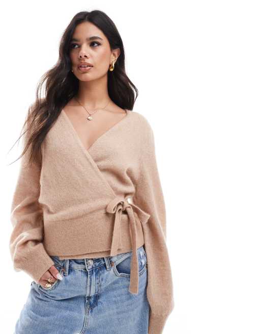& Other Stories - Cardigan a portafoglio beige in filato peloso con maniche a sbuffo in misto mohair