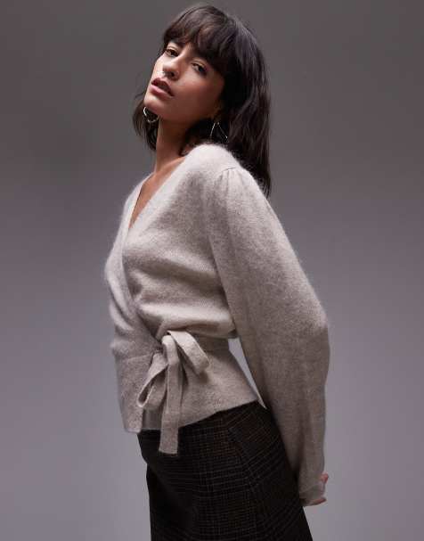 & Other Stories - Cardigan a portafoglio color talpa in filato peloso misto lana e mohair con maniche a sbuffo - view 1