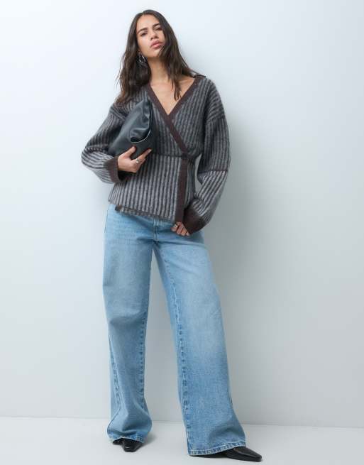 & Other Stories cardigan avvolgente bicolore in misto lana e cotone marrone, 1 di 4