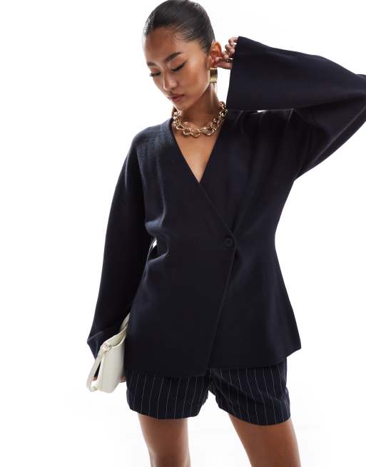 & Other Stories - Cardigan blu scuro in maglia compatta con design asimmetrico sul davanti e maniche a campana