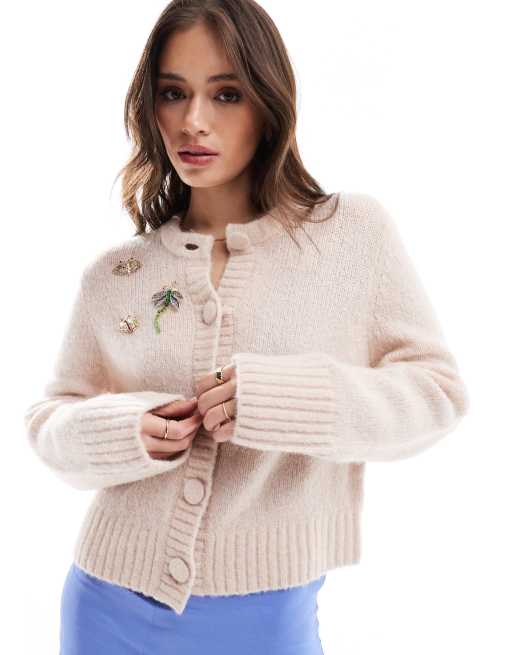 & Other Stories - Cardigan in maglia soffice beige chiaro in misto lana di alpaca con decorazione applicata a forma di libellula 