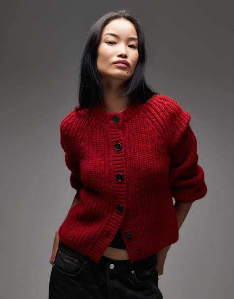 & Other Stories - Cardigan in maglia spessa rosso con maniche a palloncino in misto lana e lana d'alpaca - view 1