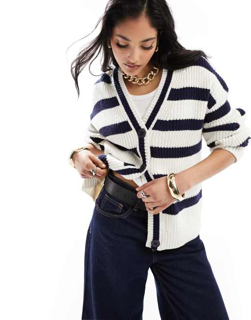 & Other Stories - Cardigan in misto cotone e lana con maniche voluminose blu navy e bianco a righe