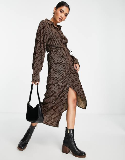 Black & Gold Chain Print Belted Shirt Dress