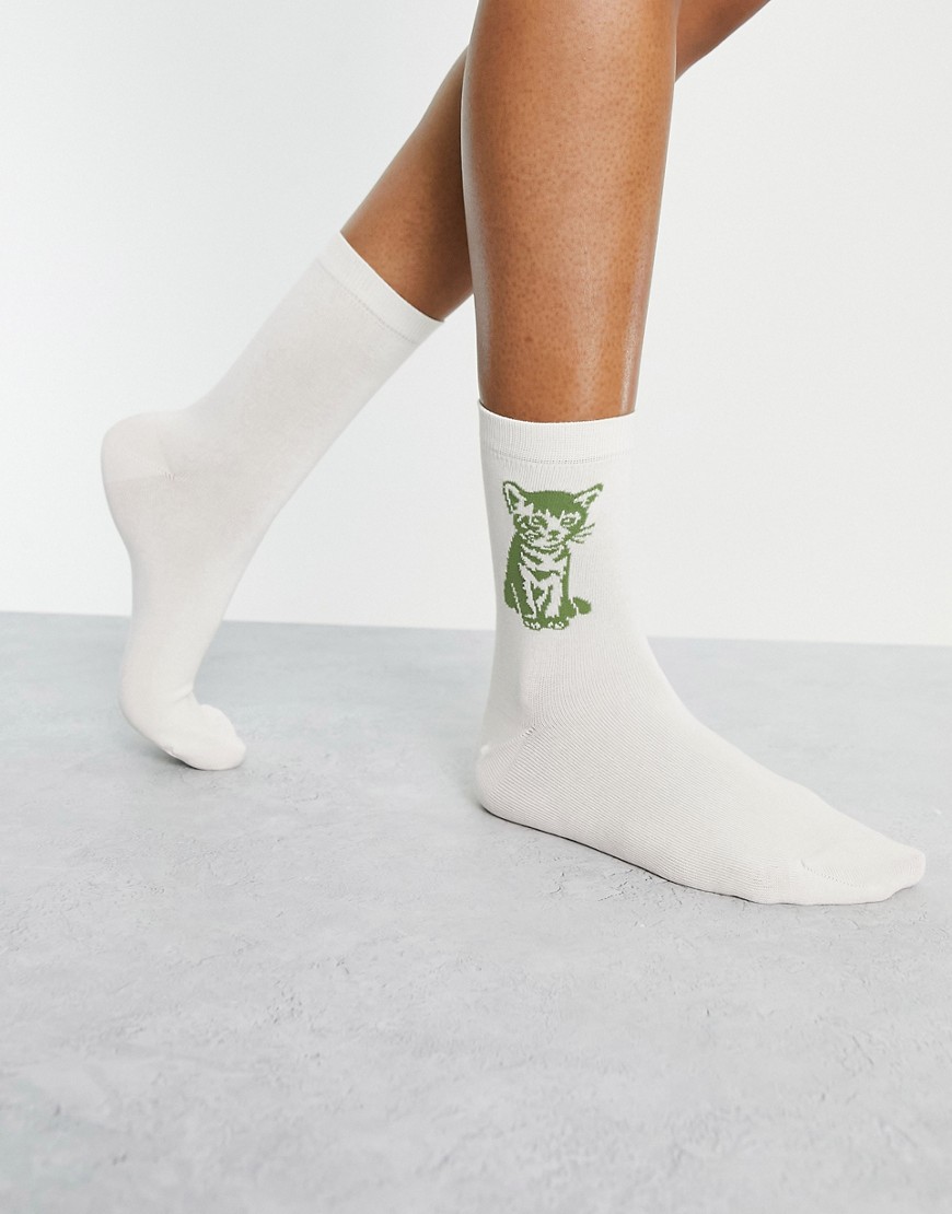 & Other Stories Charlene socks in off white with cat motif