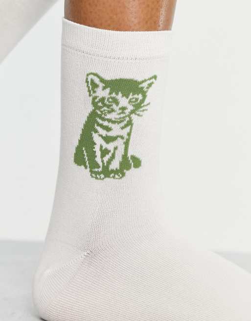 & Other Stories Charlene socks in off white with cat motif, 3 of 4