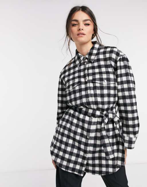 & Other Stories check gingham longline belted shacket in black