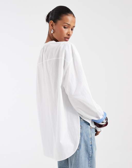 & Other Stories - Chemise sans col en popeline avec manches volumineuses - Blanc, 4 de 4