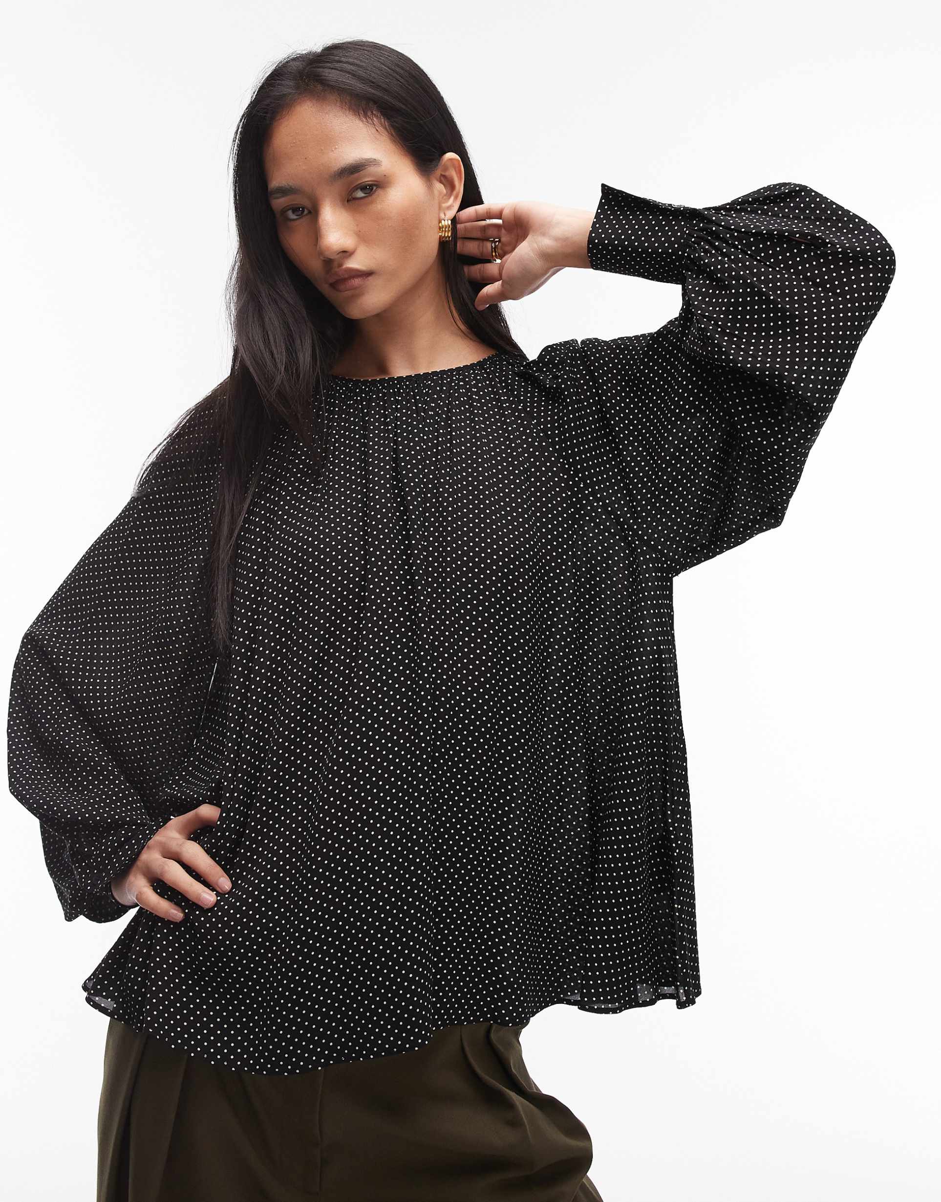 & other stories chiffon volumen blouse top in black with white polka dots