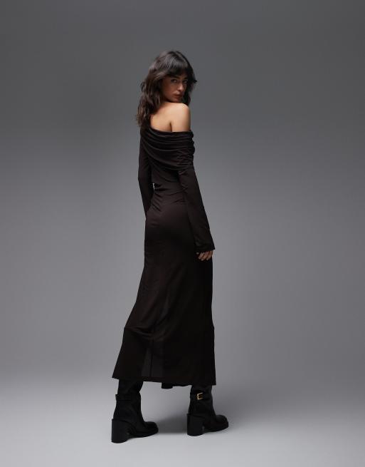 & Other Stories - Chokoladebrun oneshoulder-maxikjole med drapering og slids foran i jersey , 2 af 4