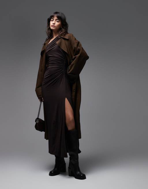 & Other Stories - Chokoladebrun oneshoulder-maxikjole med drapering og slids foran i jersey , 4 af 4