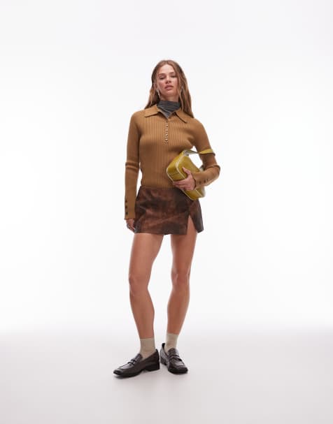 & Other Stories knitted rib fitted polo top with mixed fabric collar in dark beige