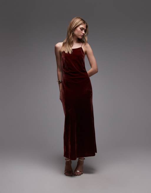 & Other Stories – Ciemnobordowa sukienka midi na ramiączkach z aksamitu i szyfonu