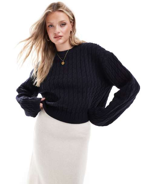 & Other Stories wool cable knit sweater in dark blue