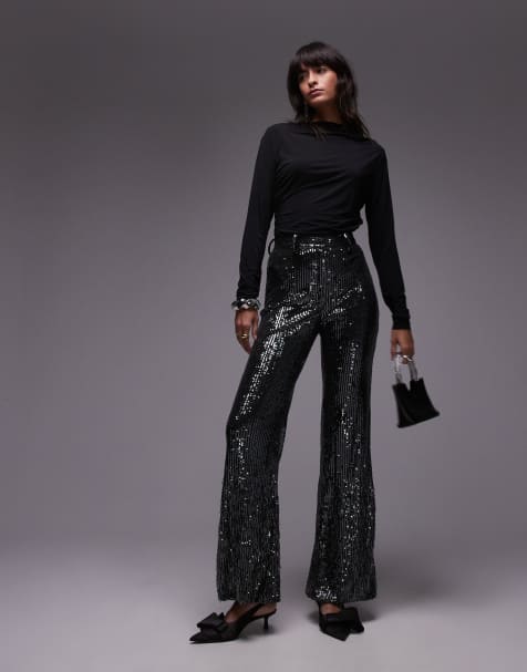 & Other Stories all over sequin flare trousers with fringe sequin hem detail in dark silver