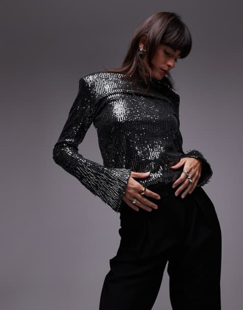 & Other Stories all over sequin top with fringe sequin sleeve detail in dark silver