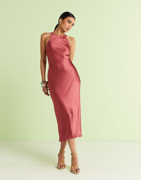 & Other Stories bias cut satin midi dress in pomegranate pink