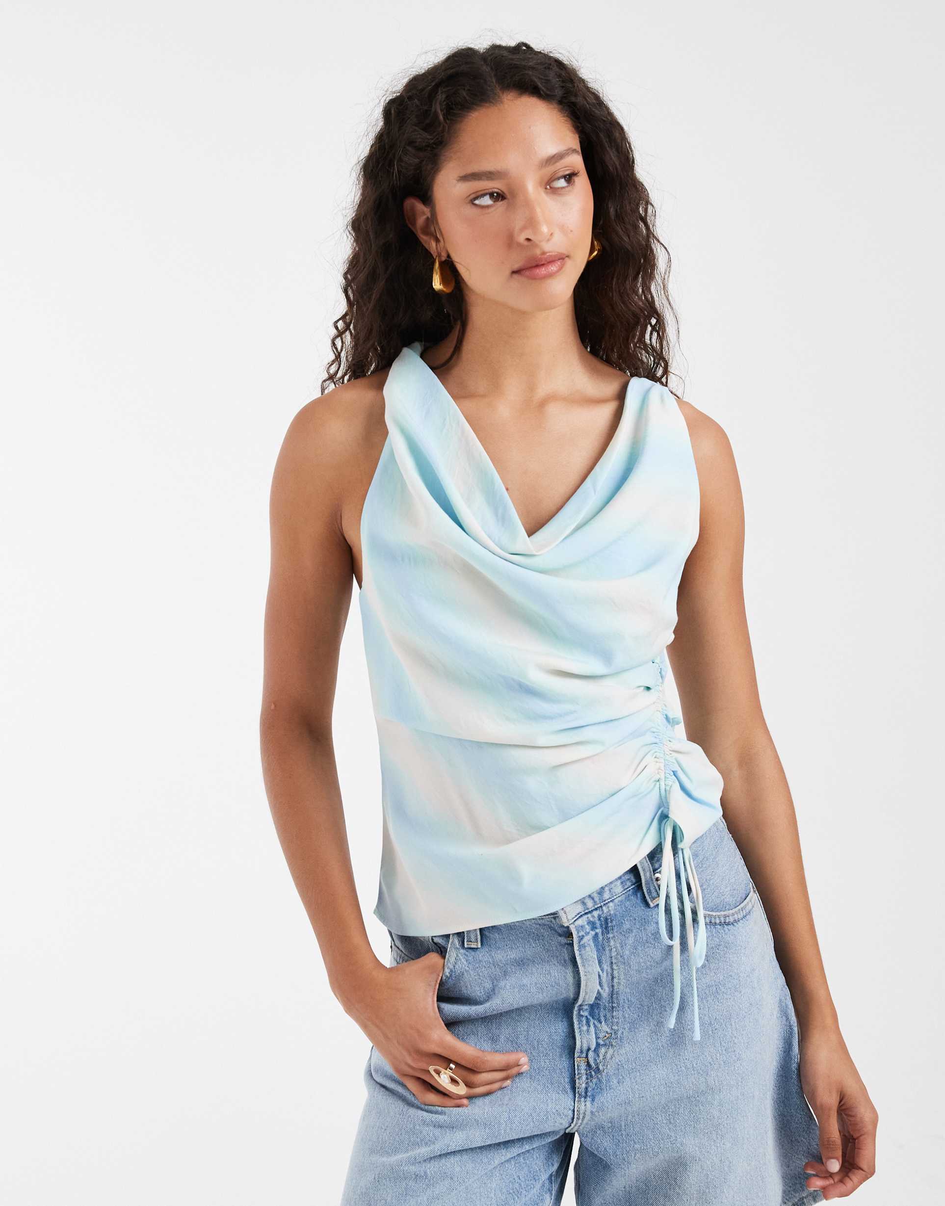 & other stories cinch waist draped top in multi ombre stripes