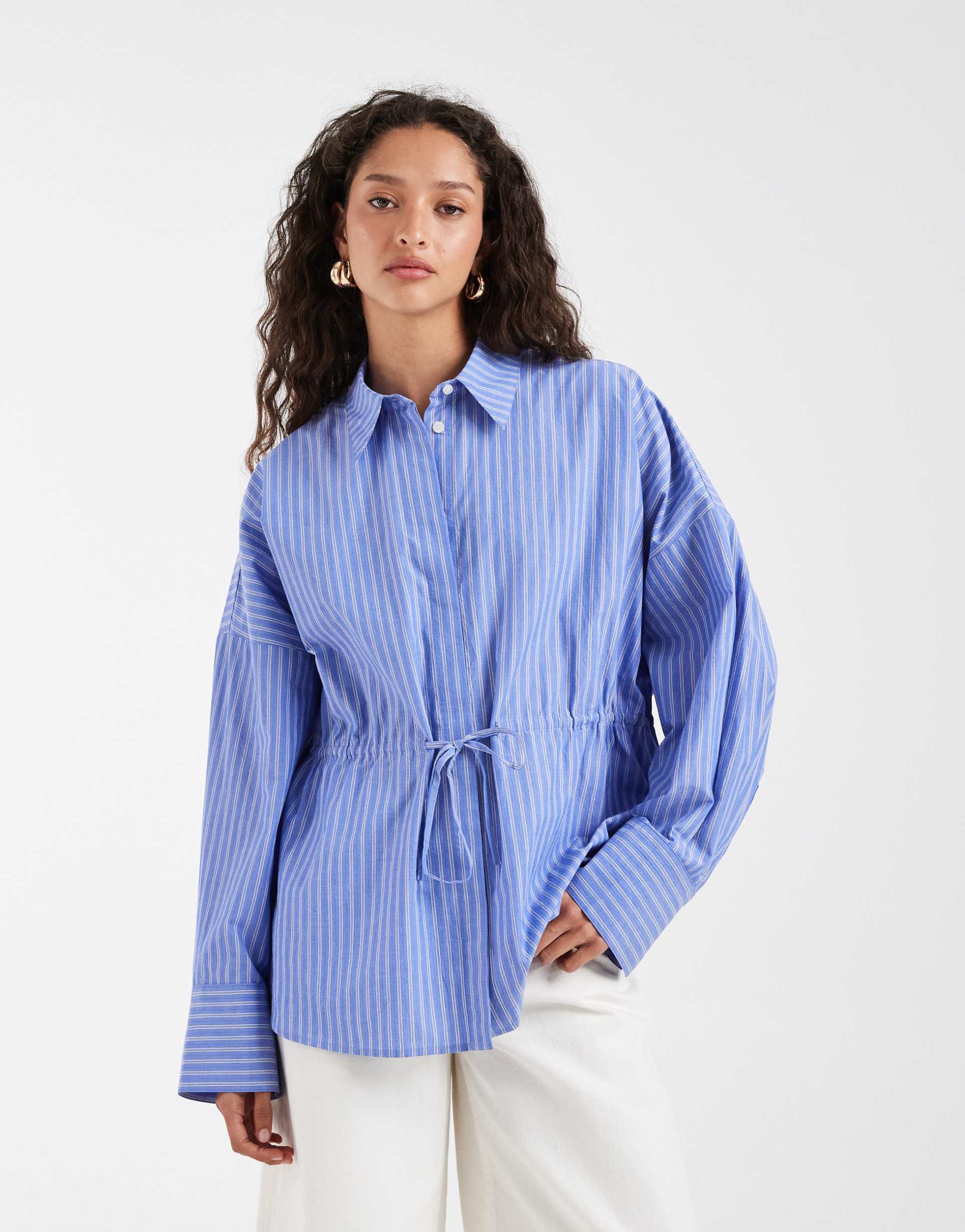 & other stories cinch waist pure cotton shirt in blue stripes