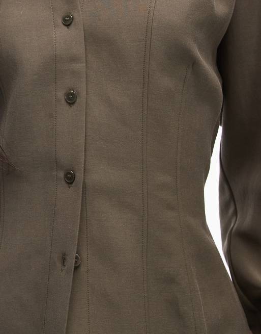 & Other Stories cinch waist shirt in dark green, 3 of 4