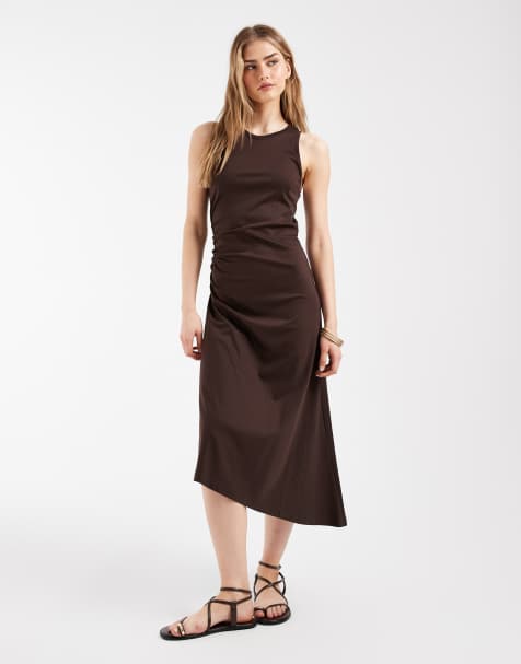 & Other Stories cinch waist sleeveless jersey dress in dark brown - view 1
