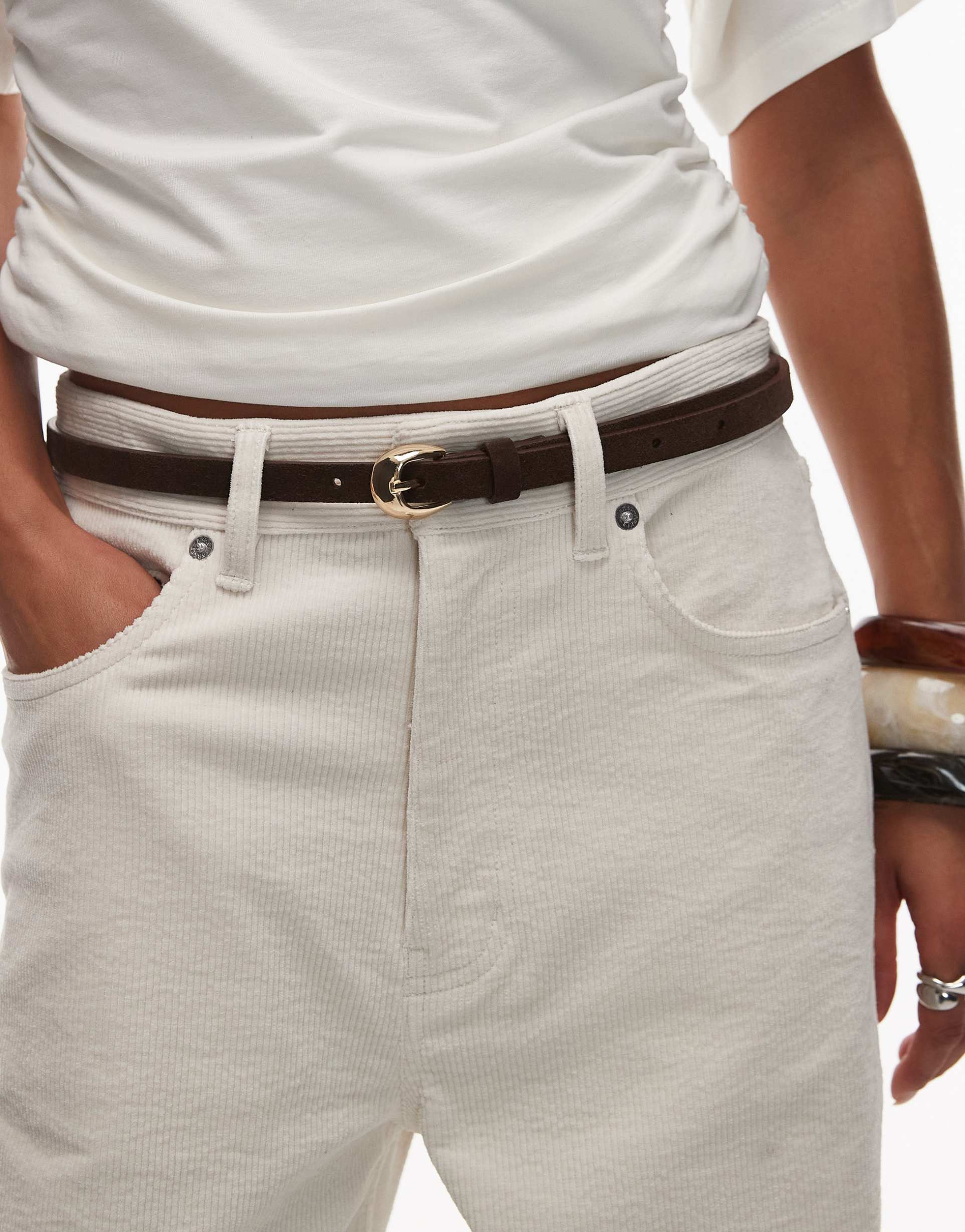 & other stories circle buckle thin belt in dark brown suede