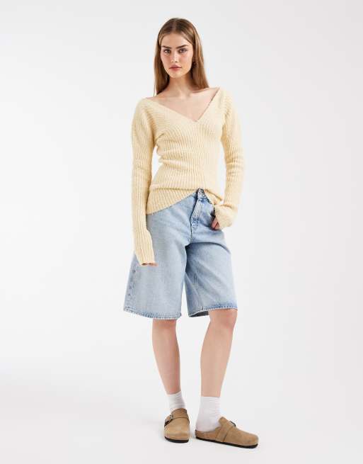 & Other Stories – Citrongul, strukturstickad, ribbstickad topp med v-ringning, 2 av 4