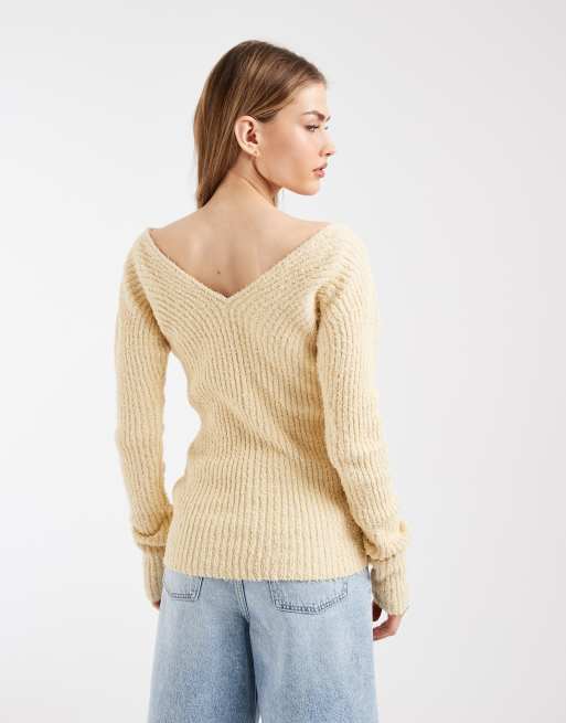 & Other Stories – Citrongul, strukturstickad, ribbstickad topp med v-ringning, 4 av 4