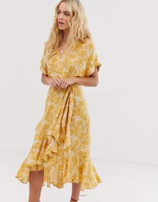& other stories cloud print ruffled wrap dress in yellow