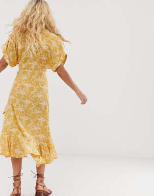 & other stories cloud print ruffled wrap dress in yellow