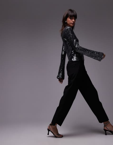 & Other Stories co-ord all over sequin top and flare trousers with fringe sequin details in dark silver - view 1
