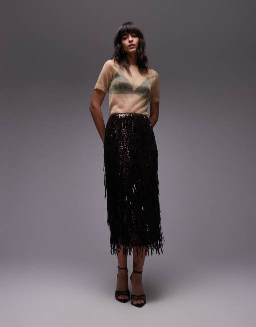 & Other Stories co-ord  all over tassel fringe sequins midaxi skirt in wine, 3 of 5