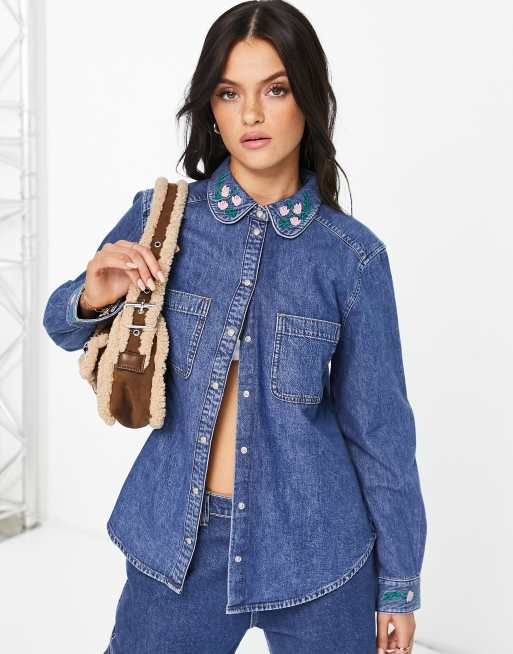 Floral embroidered denim store shirt