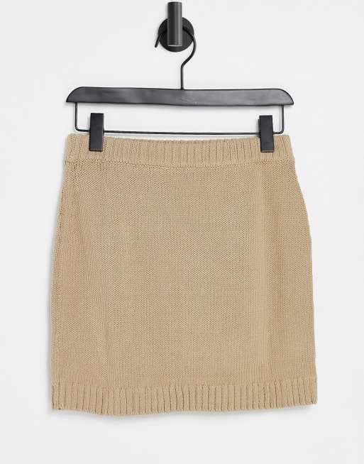 Beige Ribbed Knit Pencil Skirt - ShopperBoard