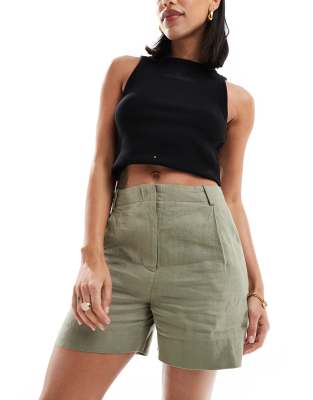 & Other Stories & Other Stories co-ord linen high waist shorts in khaki exclusive to ASOS-Green