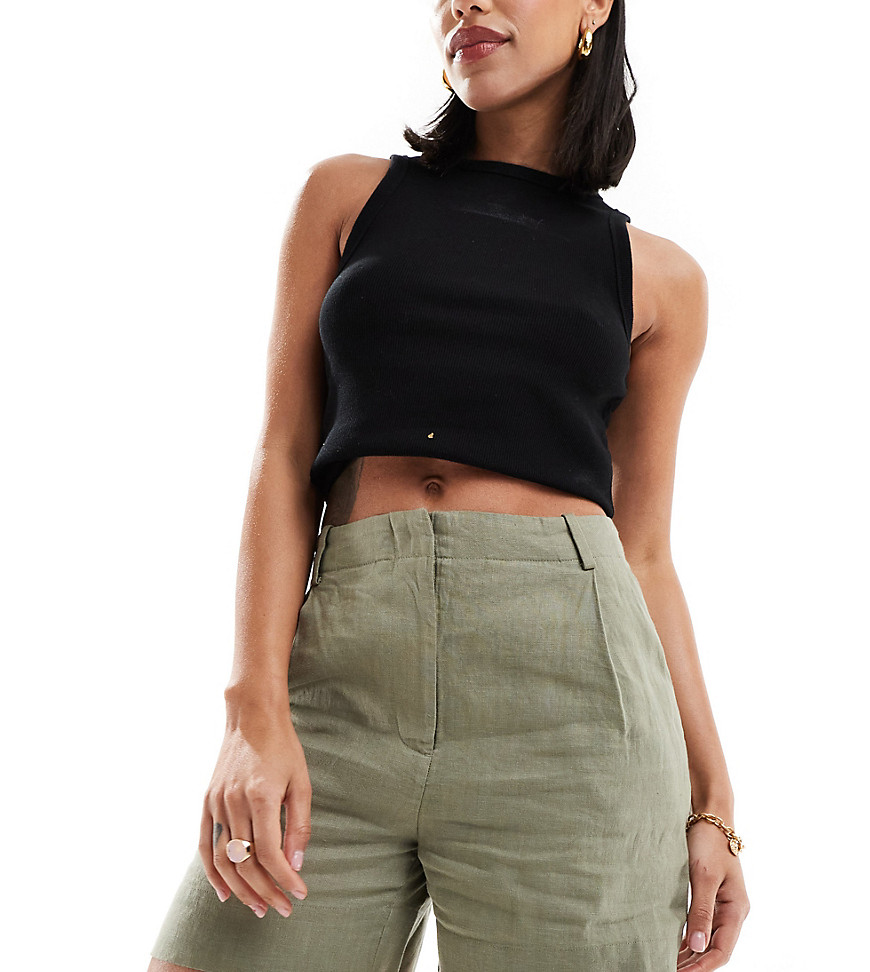& Other Stories co-ord linen high waist shorts in khaki exclusive to ASOS-Green